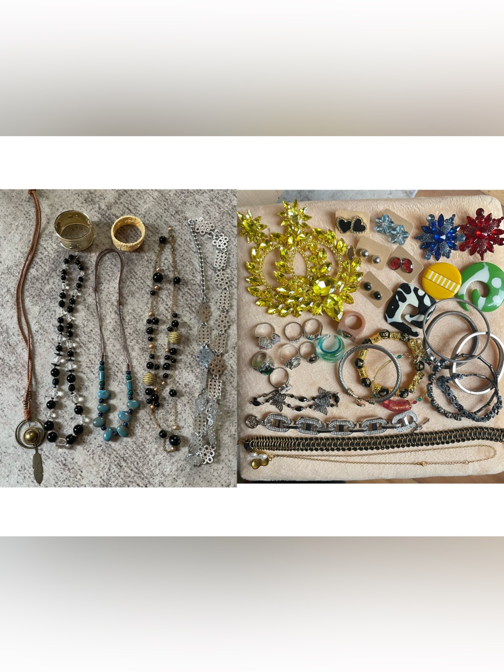 Lots of super eccentric fashion Jewellery in a Botticelli tin box.